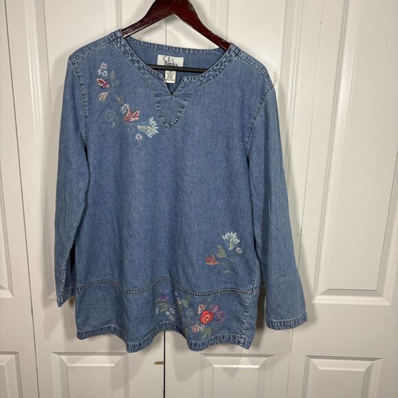 VTG CJ Banks Denim Tunic X (14W) Blue Embroidered Floral Boho Cottagecore Y2K - Picture 1 of 6
